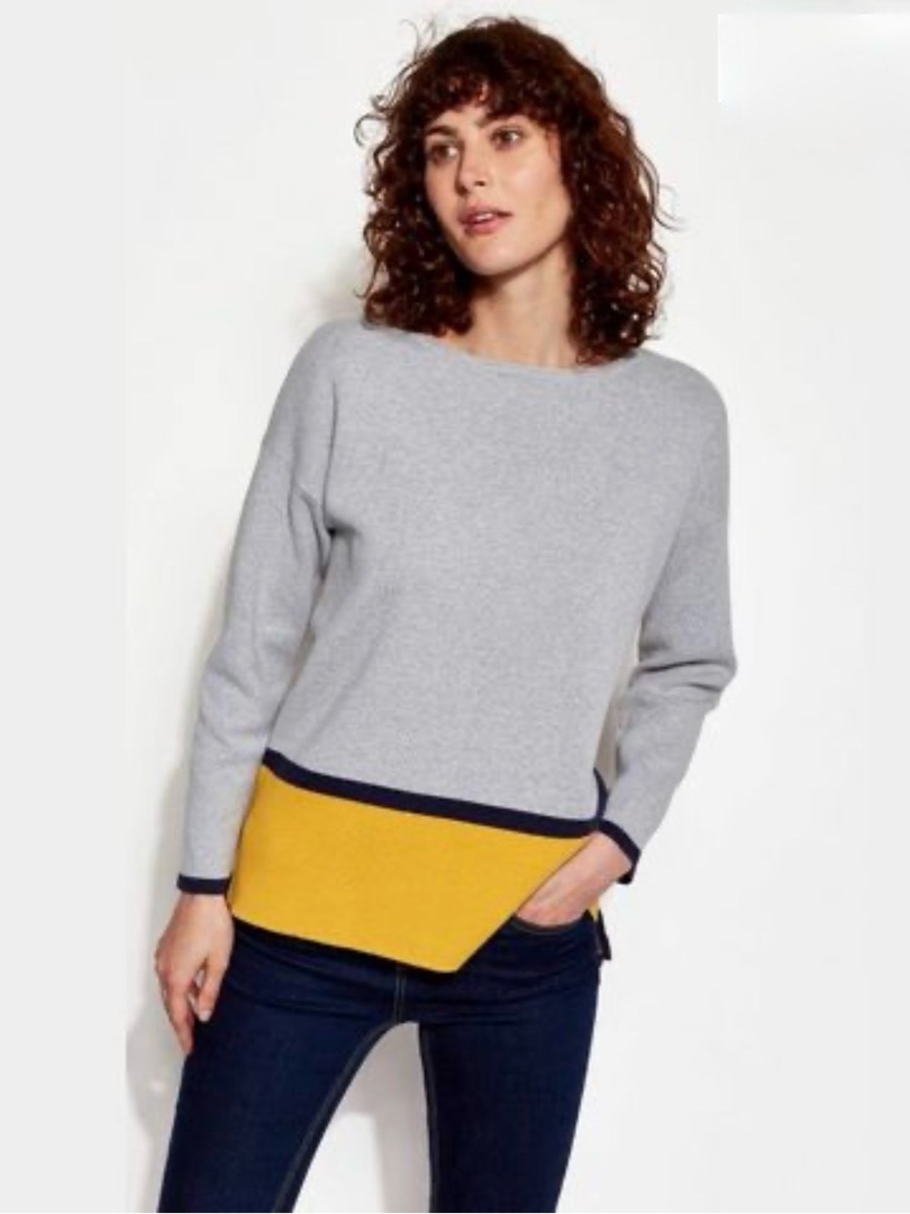 Joules Gray & Ochre Uma Colorblock Crewneck Sweater Us 2